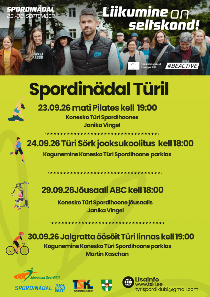 Sel aastal toimub Türil taas Spordinädal, mille raames on kõigil võimalik proovida erinevaid liikumisvorme ja leida endale sobiv seltskond liikuma! 📅 Kava: 🧘‍♀️